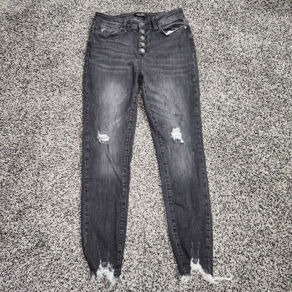 Judy Blue Button Fly Black Hi Rise Skinny Jeans Rawhem Frayed Destressed Sz 7/28